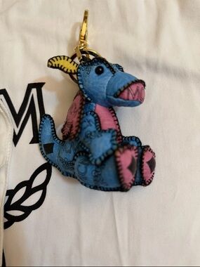 MCM Blue and Pink Plush Dinosaur Key Charm with Gold Hardware